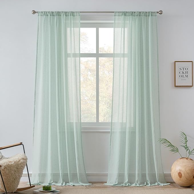 FMFUNCTEX Linen Sheer Curtains for Bedroom, Sage Green Curtains 63 Inch Length for Living Room, Farmhouse French Flax Blend Window Draperies, Rod Pocket 2 Panels Set-Ruum Studio Home