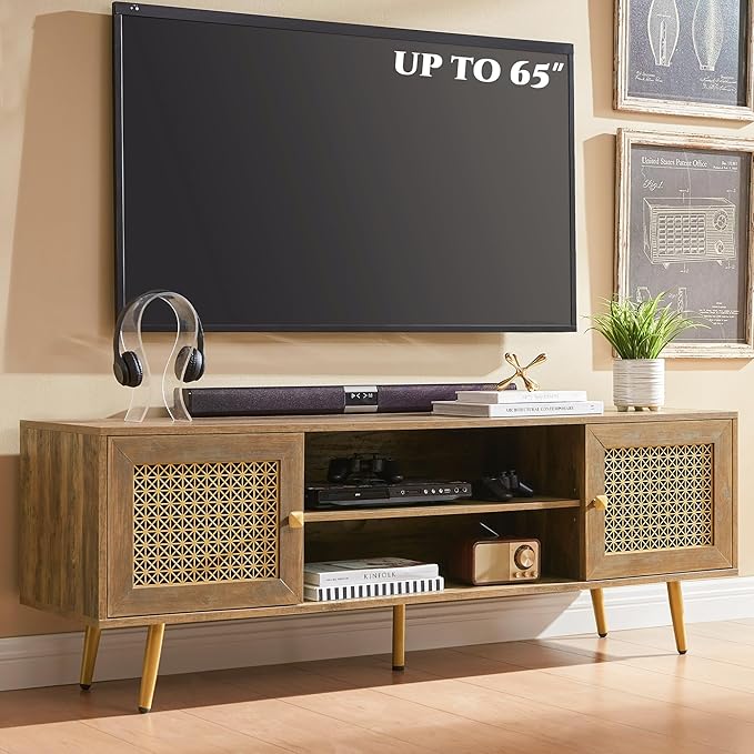 Mid Century Modern TV Stand with Metal Mesh Doors and Open Shelf for Tvs up to 65" Boho Media Console Entertainment Center with Cable Holes for Living Room Rustic Oak 59.06"x15.55"x20.87"-Ruum Studio Home