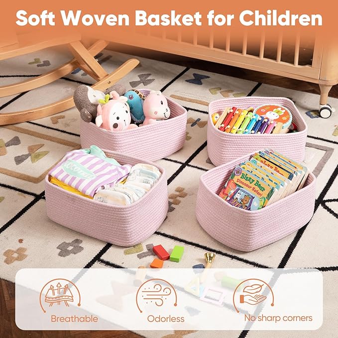 OIAHOMY 4 Pack 14.17*11.02*6.3IN Storage Baskets for Organizing Shelves, Woven Rope Baskets for Organizing Books, Clothes, Decorative Basket for Living Room, Nursery, Bedroom, Gift Basket, Pink-Ruum Studio Home
