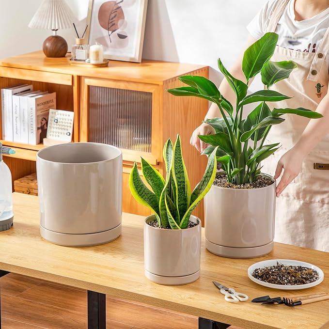 vancasso Ceramic Planters, Plant Pots for Indoor Plants, 6.25+8.25+10.25 Inch Ceramic Pots for Plants, Flower Pots with Drainage Holes (Gray, 6.25+8.25+10.25 Inch)-Ruum Studio Home