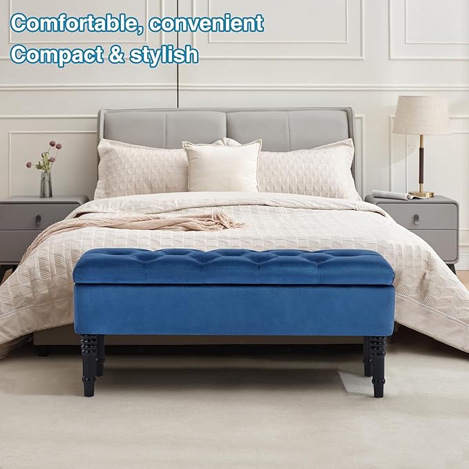 Ottoman with Storage Velvet Storage Bench Holds Up to 500 lbs Ottomans Upholstered Bench with Seating for Bedroom, Living Room, Blue-Ruum Studio Home