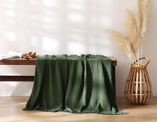 100% Cotton Muslin Throw Blanket for Bed, Couch, Small, Decorative, Soft, Pre-Washed, Breathable and Lightweight Gauze Blanket with Tassels, Suitable for All Seasons, Olive Green, 50"x60"-Ruum Studio Home