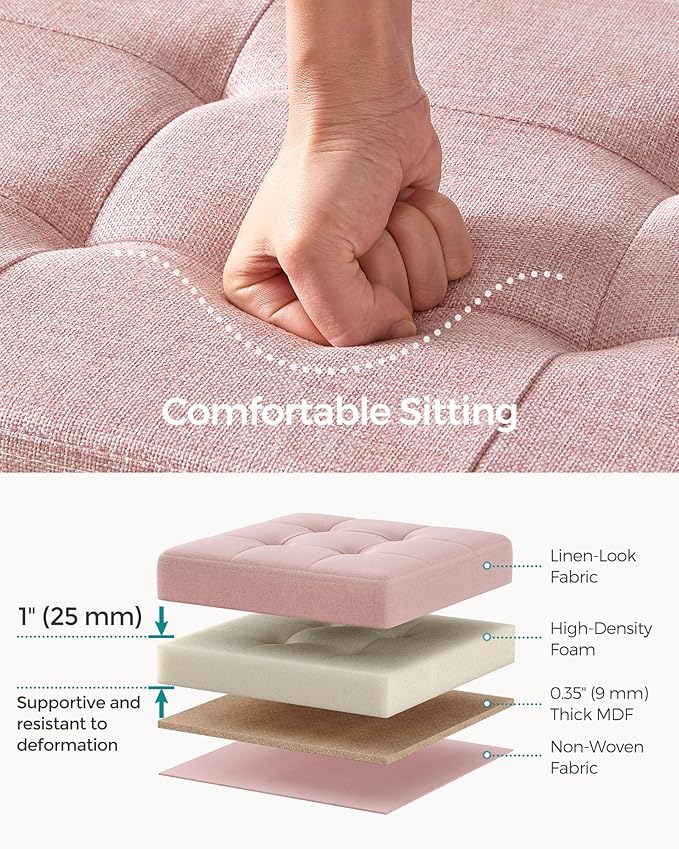 SONGMICS MAZIE Collection - 43 Inches Folding Storage Ottoman Bench, Ottoman Foot Rest, End of Bed Bench, Storage Chest, Load 660 lb, for Living Room, Bedroom, Entryway, Jelly Pink ULSF077R11-Ruum Studio Home