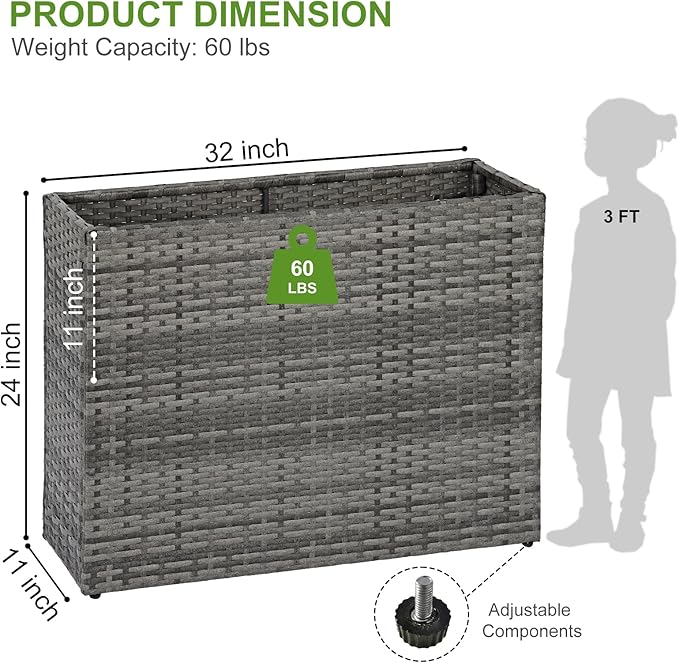LEWIS&WAYNE Tall Planters for Outdoor Plants Handmade Wicker Large Rectangular Block Planter Box with Removable Liners Modern Planter for Indoor Outdoor Patio Deck - Gray-Ruum Studio Home