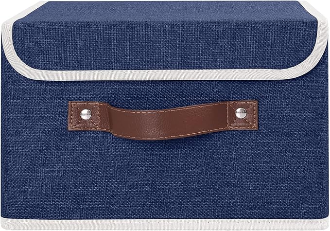 ANMINY Storage Bin with Lid Storage Boxes with PU Leather Handles PP Plastic Board Decorative Foldable Lidded Cotton Linen Fabric Home Cubes Baskets Closet Organizer Container - Blue, Small Size-Ruum Studio Home