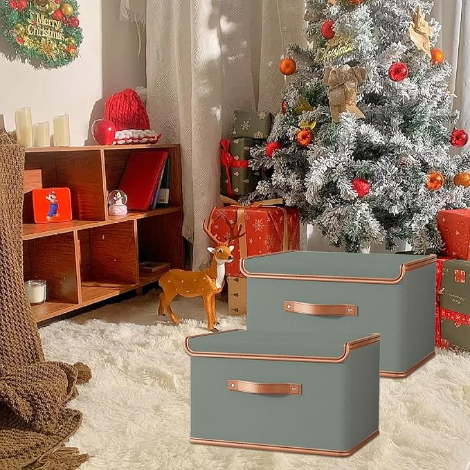 Tuza 2 Pack Storage Bins with Lids, Collapsible Closet Organizer Container, Fabric Organizer Box with Handles, Decorative Storage Boxes with Lids for Organizing Clothes, Blanket, Grey, Extra Large-Ruum Studio Home