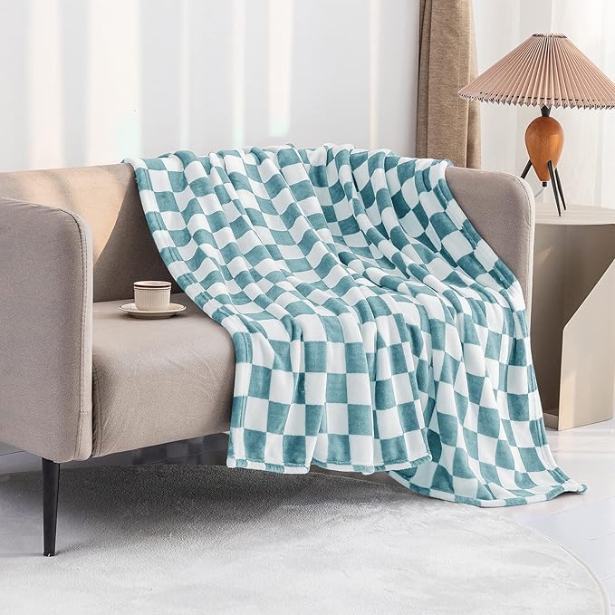 LOMAO Throw Blankets Flannel Blanket with Checkerboard Grid Pattern Soft Throw Blanket for Couch, Bed, Sofa Luxurious Warm and Cozy for All Seasons (Light Blue, 50"x60")-Ruum Studio Home