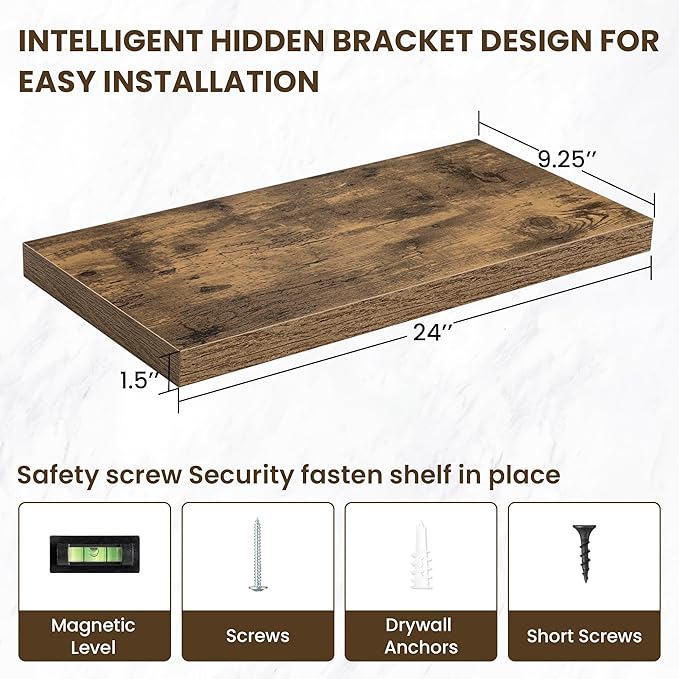 24 Inch Floating Shelves, 12 Inch Deep Floating Shelves for Wall, Floating Shelf with Invisible Brackets, Deep Shelves for Bathroom, Bedroom, Living Room, 2 Pack, Brown-Ruum Studio Home