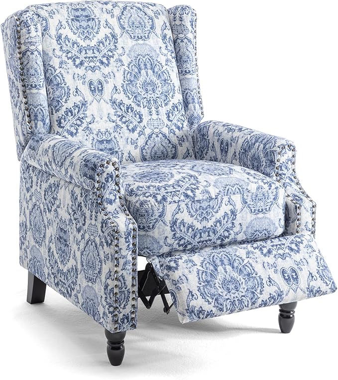 UIXE Floral Pushback Recliner Chair, Fabric Upholstered Armchair Push Back Accent Chair for Living Room, Rivet Trim Club Chair Home Theater Single Sofa Reading Seat - Navy Blue-Ruum Studio Home