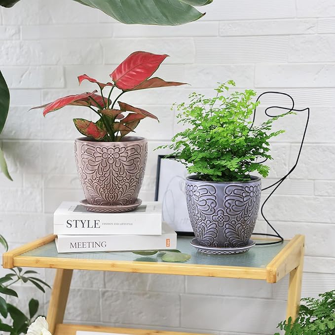6 Inch Retro Ceramic Planter Set of 2 with Drainage Hole and Saucer for Plants, Indoor-Outdoor Garden Pots for Succulent, Orchid, and Flower (Fits Inner Pots Up to 5 Inches, Retro Peach)-Ruum Studio Home
