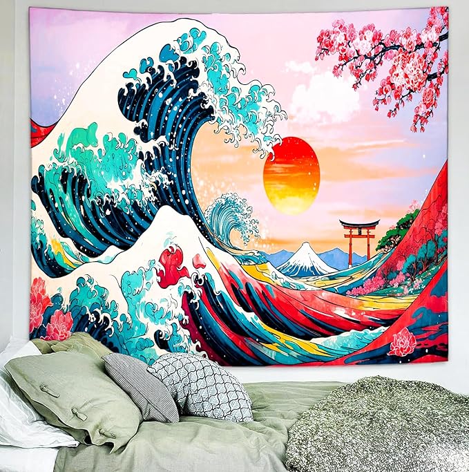 Delur Great Wave Tapestry Japanese Sunset Ocean Sea Wave Off Kanagawa Tapestry Wall Hanging Vintage Asian Anime Cherry Blossom Nature Headboard for Bedroom Living Room Home Decor (59.1" x 78.7")-Ruum Studio Home