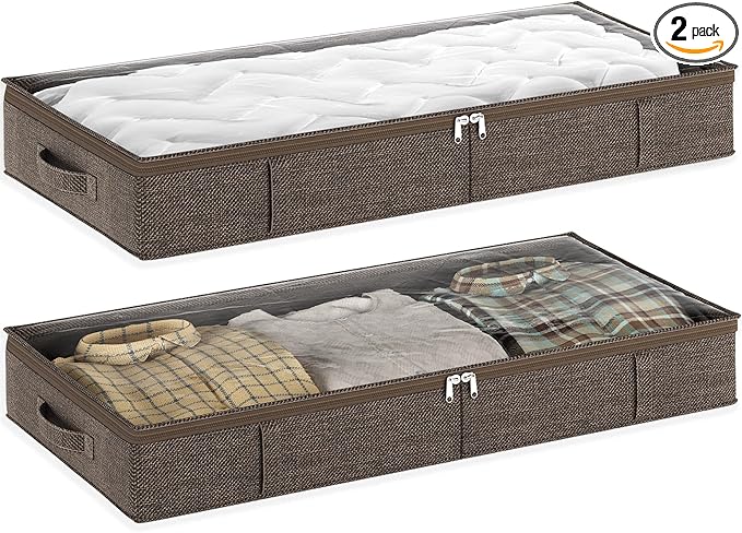Brown Low Profile Under Bed Storage Containers 5 inches high, 33.8"x 17.7"x 5.1", Sturdy Underbed Shoe Storage Organizer, Foldable Fabric Under the Bed Storage Bins - Pack of 2-Ruum Studio Home