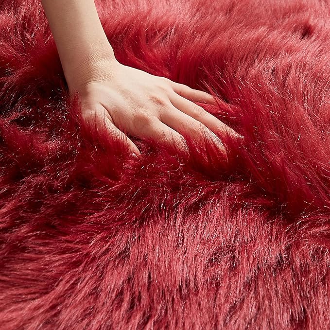 AMTOVO Faux Fur Rug, Burgundy Ultra Soft Fluffy Shag Sheepskin Rug, 2 x 6 ft Runner Area Rugs for Bedroom Sofa Throw Cushion Room Decor, Rectangle-Ruum Studio Home