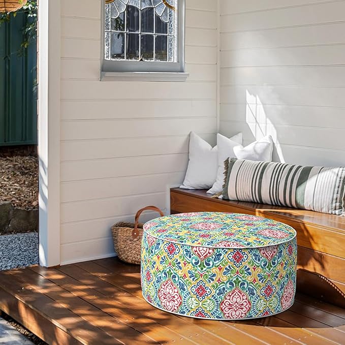Inflatable Ottoman Stool D31 xH14 for Outdoor/Indoor Use, Water Repellent Patio Foot Rest Stool with Portable Handle,Round Pouf Ottoman Suitable for Garden,Deck and Camping - Damask Red-Ruum Studio Home