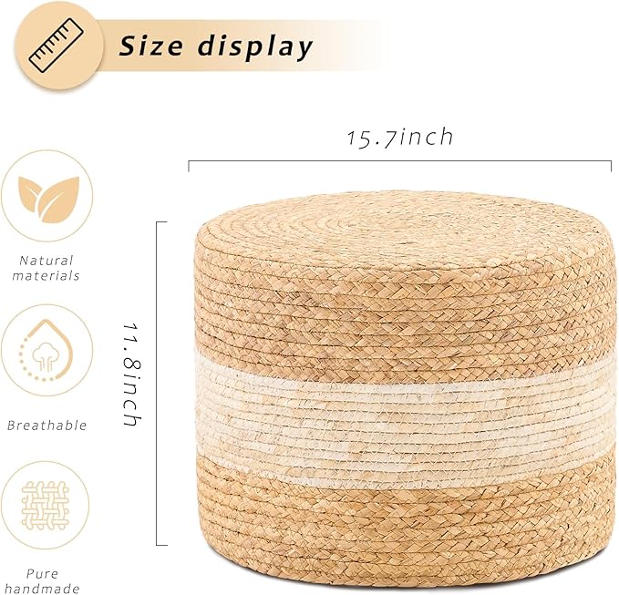 Handwoven Water Hyacinth Ottoman Pouf, Round Outdoor Footstool with Sturdy Frame, No Assembly Needed, Boho Accent Stool for Indoor & Outdoor Use – Patio, Balcony, Living Room (White)-Ruum Studio Home