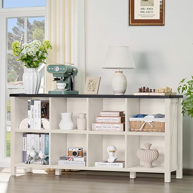8 Cube Book Shelf, Farmhouse Wood Long Storage Organizer Bookcase, 62" Horizontal Antique White & Black Console Bookshelf, Kids Toy Storage Cabinet, Modern Open Book Case for Playroom, Office-Ruum Studio Home