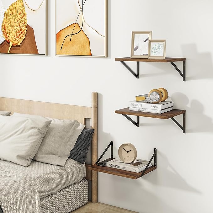 Heimlove Deep Floating Shelves for Wall, 12 Inch Deep Floating Shelves Set of 3, 16W x 12D Wood Wall Shelves, Wide Wood Shelves with Metal Bracket for Living Room, Kitchen, Office, Bedroom - Walnut-Ruum Studio Home