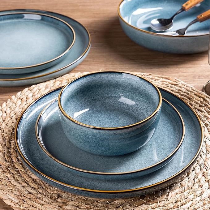 GBHOME Ceramic Dinnerware Sets for 6, 18 Pieces Stoneware Plates and Bowls Sets, Scratch Resistant Dishes, Dishwasher & Microwave Safe, Space Blue-Ruum Studio Home