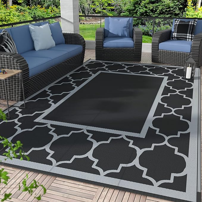 GENIMO Outdoor Rug 9' x 12' Waterproof for Patio Decor, Reversible Plastic Straw Area Rugs Mat for Camper, Outside Carpet for Camping, Rv, Deck, Porch, Picnic, Beach, Balcony, Black & Grey-Ruum Studio Home