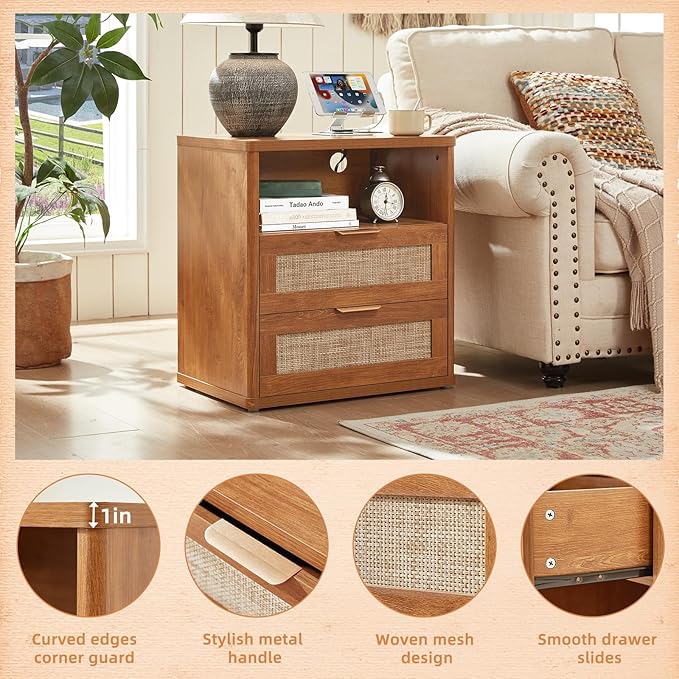 LEYAOYAO Boho Rattan Coffee Table and End Table Sets, 48" Wide Center Tables & 23" Night Stand with Charging Station Chest of Drawers, Brown Wood Coffee Table for Living Room 3 Piece Set-Ruum Studio Home