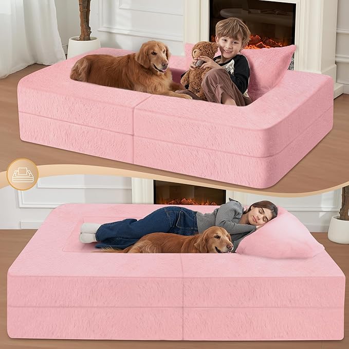 Folding Bean Bag Chair for Adults,3-in-1 Bean Bag Couch Faux Fur Floor Sofa Large Beanbag Convertible Bean Bag Sofa Bed with Pillow in Bedroom,Living Room,Apartment(Twin,Pink)-Ruum Studio Home