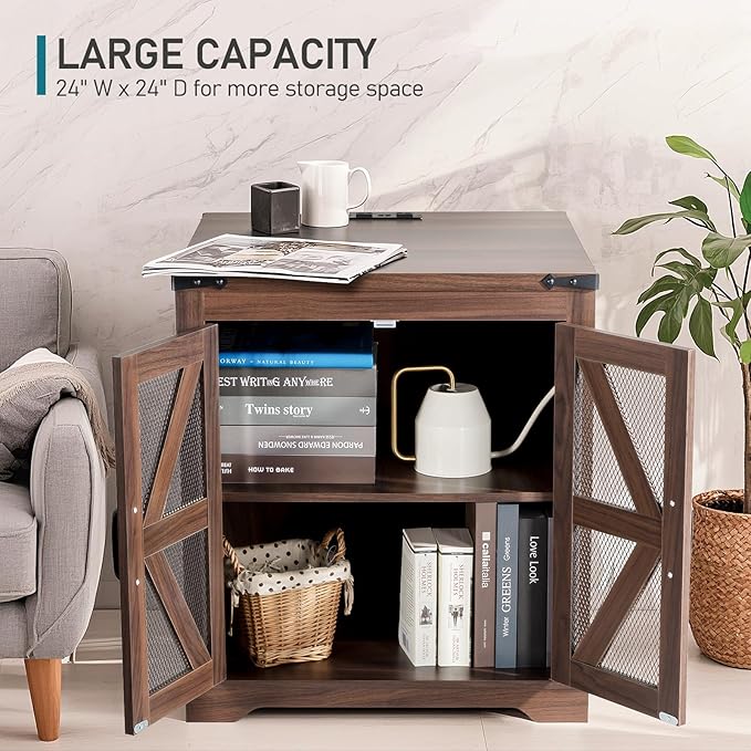 Farmhouse End Table, 24" Large Sofa Side Table with Charging Station, Mesh Barn Door, Rustic Wood Nightstand with Adjustable Storage Shelf, Square Nightstand for Living Room-Ruum Studio Home