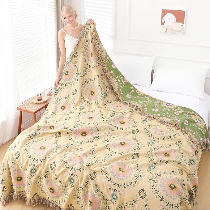Snycler Boho Throw Blanket 60"x80" - 100% Cotton Ultra Soft Rustic Quilt, Green Floral Printed Farmhouse Decor for Bed, Sofa, Couch, Chair - All Season Cozy Blanket-Ruum Studio Home