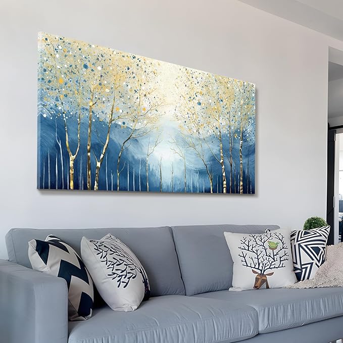 amatop Large Abstract Wall Art for Living Room Modern Tree of Life Canvas Art Print Nature-Inspired Navy Blue Wall Decor Landcape Artwork Birch Forest Picture Bedroom Office Dining Entryway 48x24 Inch-Ruum Studio Home