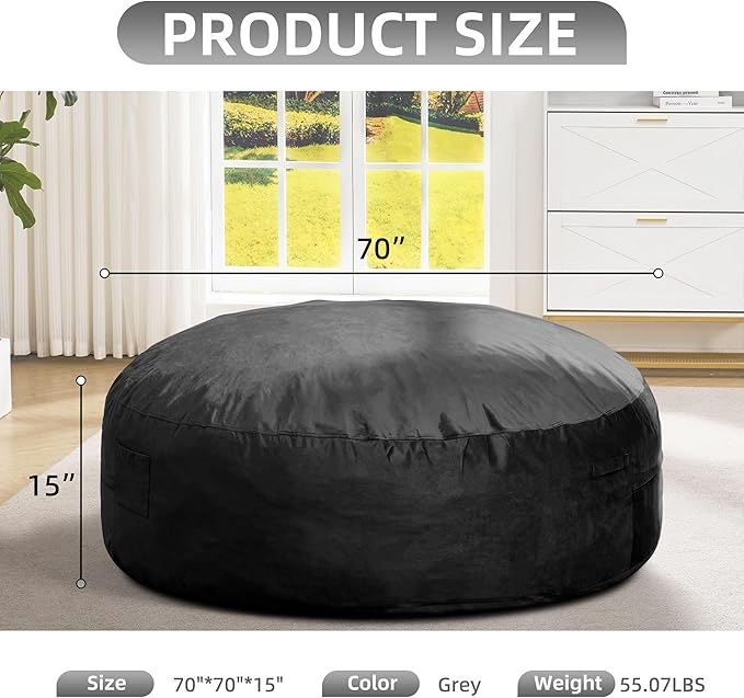 Hobestluk 6FT Bean Bag Chair Bean Bag Chairs for Adults Giant Bean Chairs with Velvet Cover, Memory Foam BeanBag Chair Fluffy BeanBag Chairs for Living Room, Bedroom- Black (70" x 70" x 15")-Ruum Studio Home