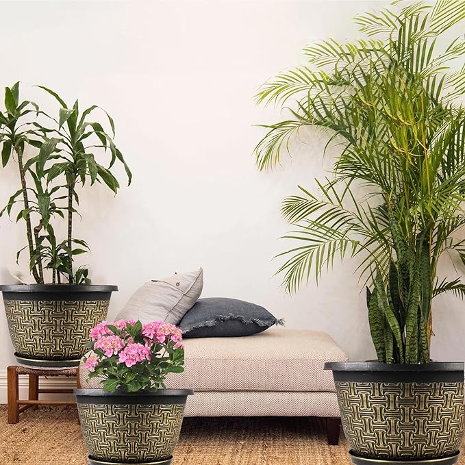4 Pack 16 Inch Planter,Large Plastic Flower Pots Outdoor Indoor with Drainage Holes & Trays, Retro Antique Imitation Decorative Garden Plant Pots Outdoor for Houseplants-Ruum Studio Home