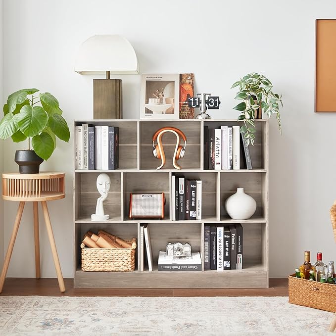 LEYAOYAO 10 Cube Bookshelf with Base,3 Tier Mid-Century Modern Grey Bookcase,Standing Wide Bookshelves Storage Organizer Shelf,Rustic Wood Display Cabinet Book Shelves for Bedroom,Living Room,Office-Ruum Studio Home
