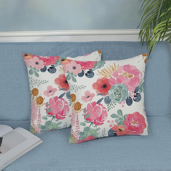 CXMEIFLY Spring Floral Pillow Covers 22 x 22 Inch Set of 2 for Watercolor Pink Flowers Decor Throw Pillows Green Leaves Plant Outdoor Decorative Cushion Cases with Zipper for Couch Bed Decorations-Ruum Studio Home