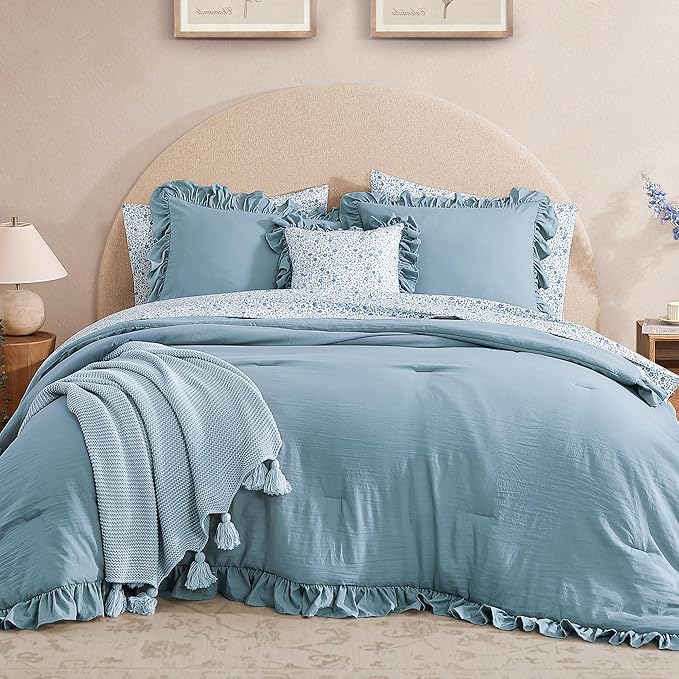 Queen Comforter Set - 7 Pieces Ruffle Blue Bedding Sets, Shabby Chic Farmhouse Bed in a Bag Queen with Ruffle Comforter, Floral Sheets, Pillowcases & Shams-Ruum Studio Home