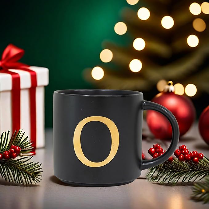 COLLECTIVE HOME - Monogram Ceramic Mugs, 15 oz Golden Initial Black Coffee Cups, Elegant Alphabet Tea Mugs, Elegant Personalized Mug with Gift Box, Unique Mug with Double Side Capital Lette (O)-Ruum Studio Home