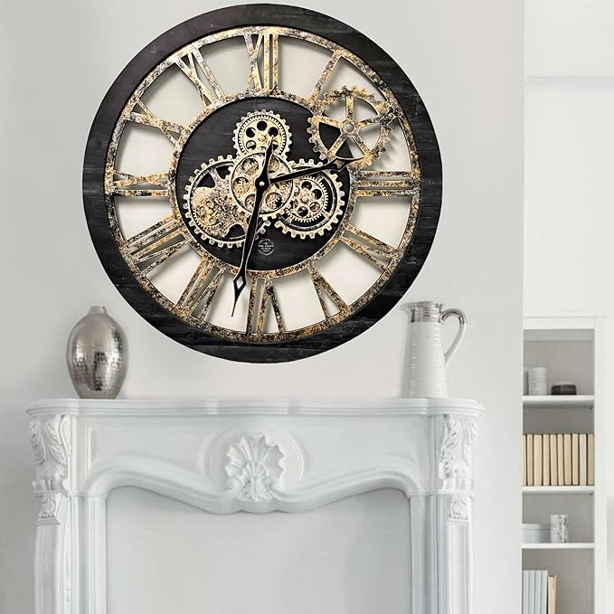 The Gears Clock The Original Real Moving Gear Wall Clock Vintage Industrial Oversized Rustic Farmhouse (24 inch (60cm), Vintage Black Wood and Bronze)-Ruum Studio Home