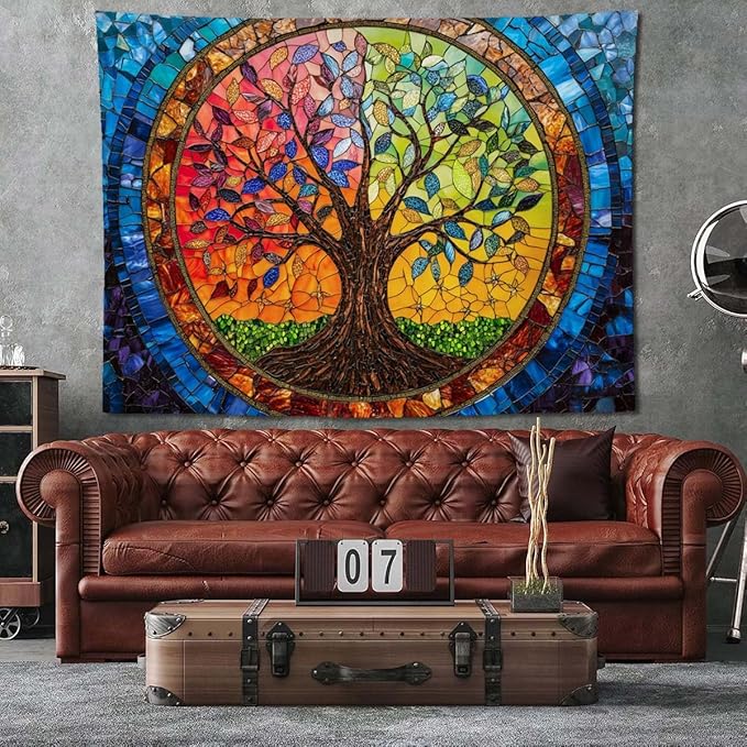 keowhsf Tree of Life Tapestry Wall Hanging – Colorful Stained Glass Look Wall Art with Fantasy Aesthetic, Large Tapestry for Bedroom, Living Room, Home Decor-Ruum Studio Home
