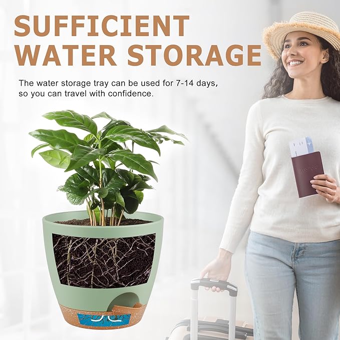 Plant Pots 8/7/6.5/6/5.5/5 Inch Self Watering Pots, Set of 6 Plastic Planters with Drainage Holes and Saucers,Plastic Flower Pots,Nursery Planting Pot for Indoor Out Door Plants（Green）-Ruum Studio Home