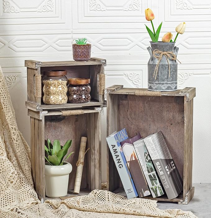 TIMRIS Set of 3 Rustic Wood Nesting Crates, Farmhouse Wooden Storage Container Boxes with Cutout Handles, Decorative Wooden Baskets for Display (Rustic Gray)-Ruum Studio Home