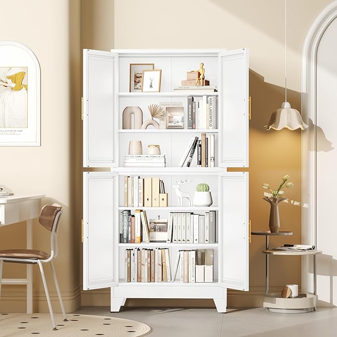75.2" Tall Metal Pantry Cabinet, Kitchen Pantry Storage Cabinets with 4 Door and 4 Adjustable Shelves, White Storage Cabinet, Freestanding Cupboard for Kitchen Dining Room Living Room Bathroom-Ruum Studio Home