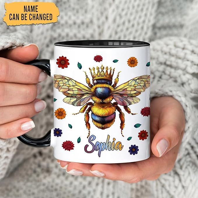 Hyturtle Personalized Floral Bee Mug - Bee Keeper Gifts For Women Lovers Teacher - Honey Gifts For Beekeeper Farmer On Birthday - Queen Honeycomb Decor - Custom Coffee Cup Ceramic Mug 11 Oz 15 Oz-Ruum Studio Home