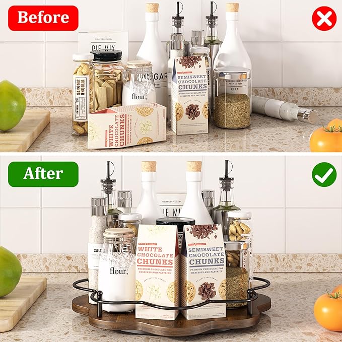 12" Lazy Susan Turntable Organizer,Round Wooden Lazy Susan Organization and Rotating Spice Rack for Dining Table,Pantry,Kitchen Countertop,Vanity,Cupboard and More.Vintage Wood(Petal Shape)-Ruum Studio Home