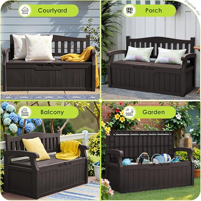 Greesum 80 Gallon Outdoor Storage Bench, Resin Patio Furniture with Armrest,Waterproof and UV-Resistant, Perfect to Garden, Poolside and Lawn, Dark Brown-Ruum Studio Home