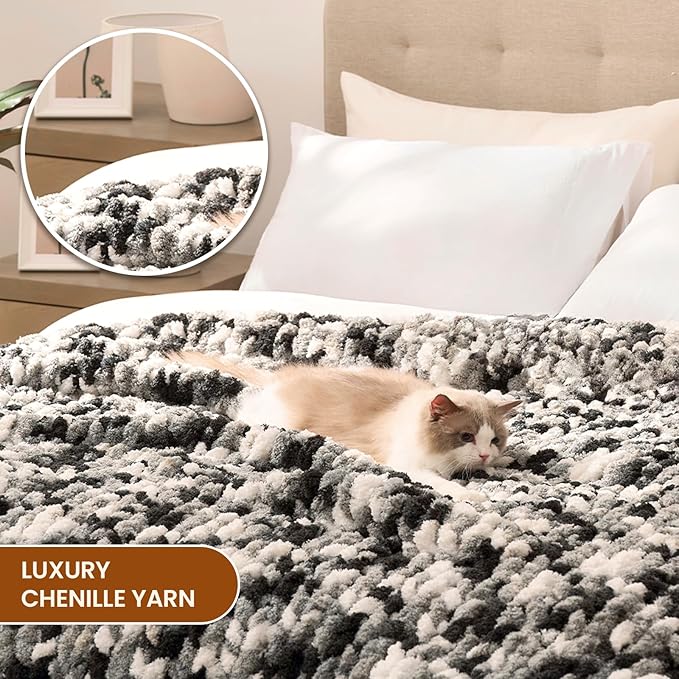 L'AGRATY Chunky Knit Blanket Throw: 50''x60'' Chenille Chunky Knitted Throw Blankets for Bed Couch - Handmade Thick Cable Knit Blanket - Large Crochet Rope Blankets for Home Decor-Ruum Studio Home