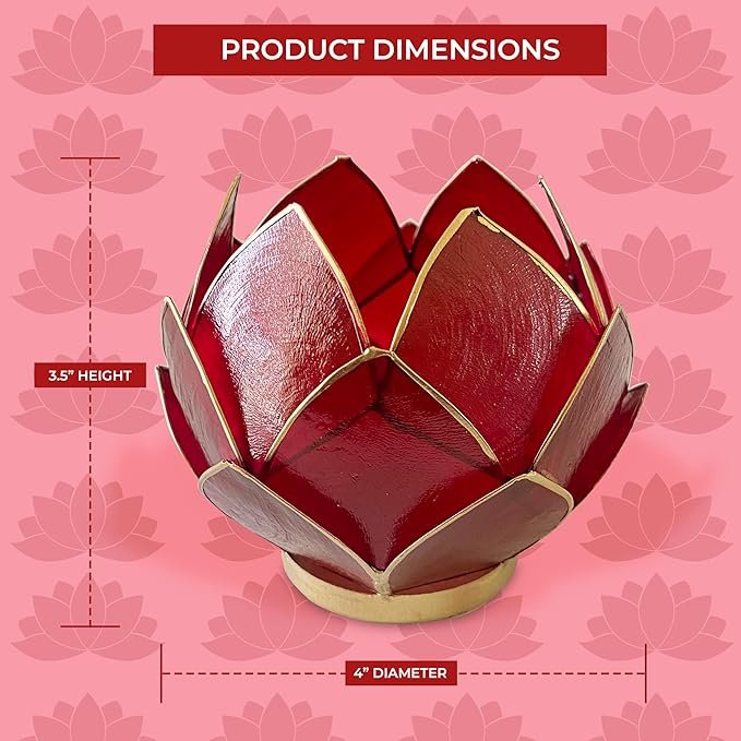 Blooming Lotus Capiz Shell Tealight Candle Holder, Handcrafted Decorative Tea Light Candleholder with Translucent Flower Petals for Ambient Illumination and Natural Elegance, Red-Ruum Studio Home