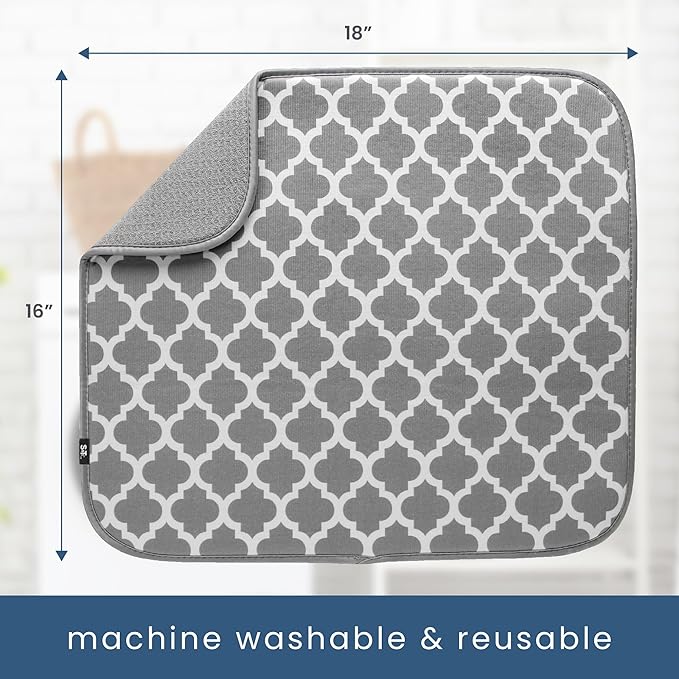 S&T INC. Dish Drying Mat, 16” x 18”, Absorbent Microfiber Kitchen Counter Mat, Dish Drying Pad for Dishes, Utensils, Pots and Pans, Large, White Trellis-Ruum Studio Home