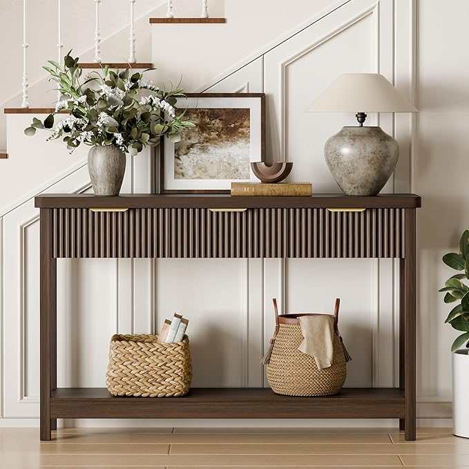 Lulive 51" Fluted Console Table for Entryway, Entryway Table with 3 Wooden Drawers, Farmhouse Behind Sofa Table for Living Room, Hallway, Couch, Foyer-Ruum Studio Home