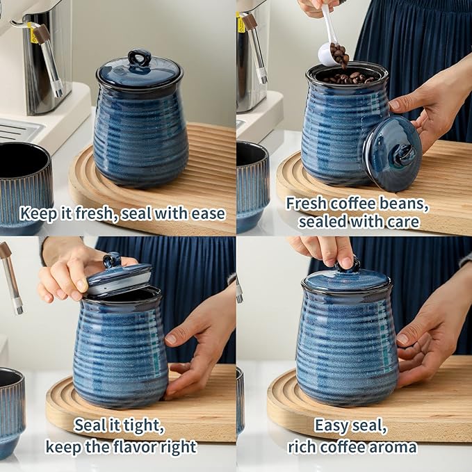 Hasense Kitchen Canisters Set with Airtight Lid for Countertop, 25 Ounce Ceramic Vintage Food Storage Jars Containers Set of 3 with Cover for Coffee, Sugar, Tea, Spice, Candy and Nut, Navy-Ruum Studio Home