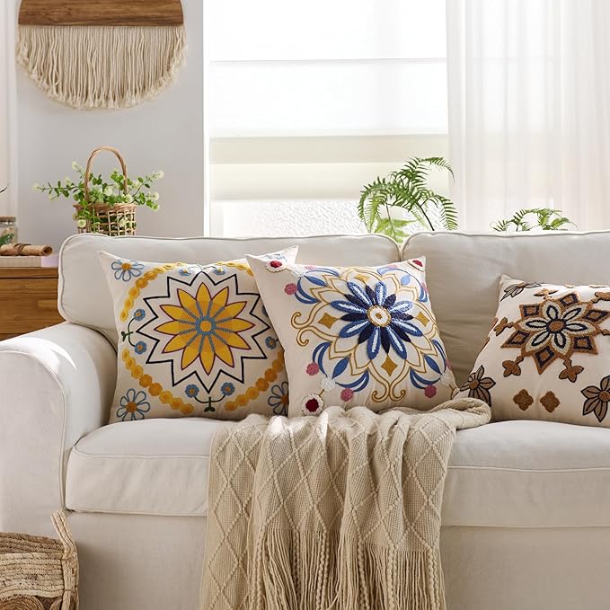 Embroidered Throw Pillow Cover 18x18 Classic Boho Floral Pattern Pillows Cover Outdoor Decorative Pillowcase,Durable Cozy Textured Cushion Case for Sofa Couch Bed Living Room,Yellow-Ruum Studio Home
