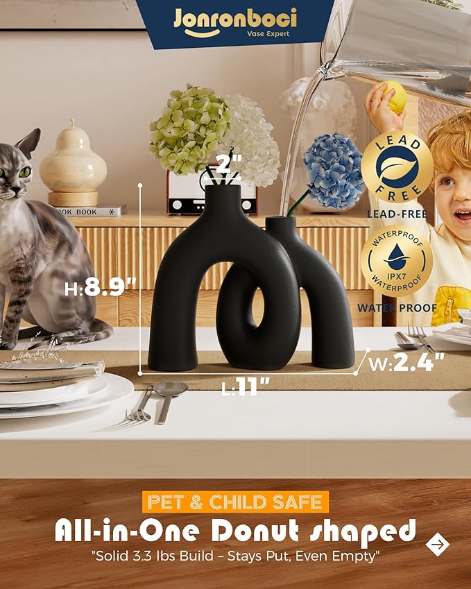 Matte Black Vase Set - Hug Hollow Donut Aesthetic Ceramic Vases Home Decor, Modern Nordic Minimalist Decorative Vase for Table Centerpiece Bookshelf Office Entryway Console Fireplace (Black)-Ruum Studio Home