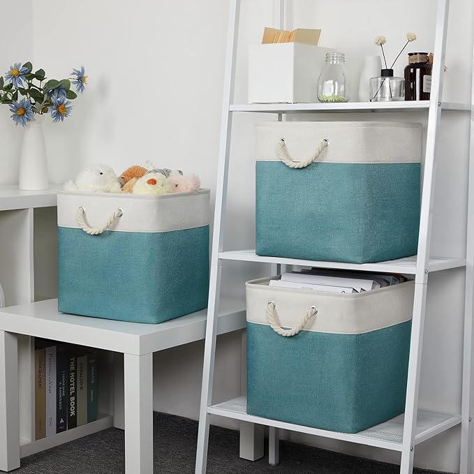 Bidtakay Fabric Baskets for Closets Shelves Lined Set of 3 Large Square Collapsible Storage Bins for Organizing 13 X 13 Cube Storage Bins for Pantry Organization Storage(Teal Blue)-Ruum Studio Home